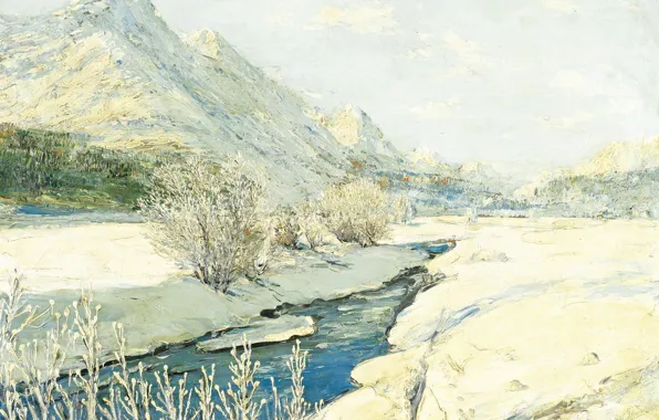 Landscape, mountains, stream, picture, Georgy Lapchin, Georgy Lapshin, Valley in the Snow