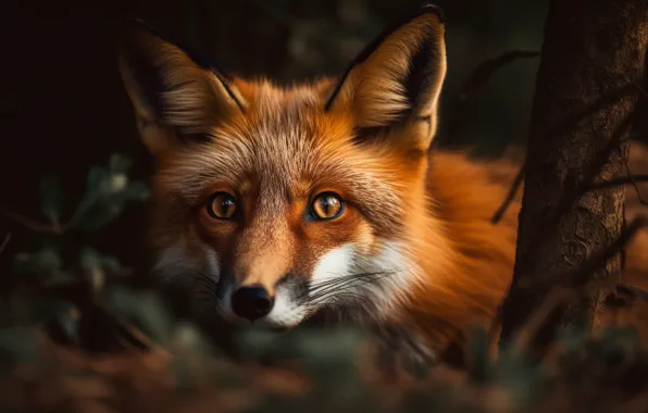 Forest, look, face, branches, the dark background, tree, portrait, Fox