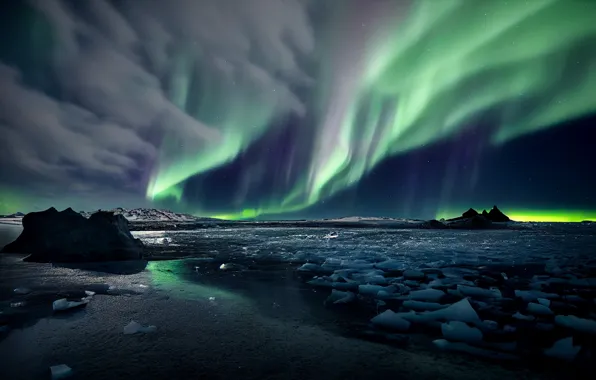 Winter, the sky, landscape, nature, ice, Northern lights, ice, pond