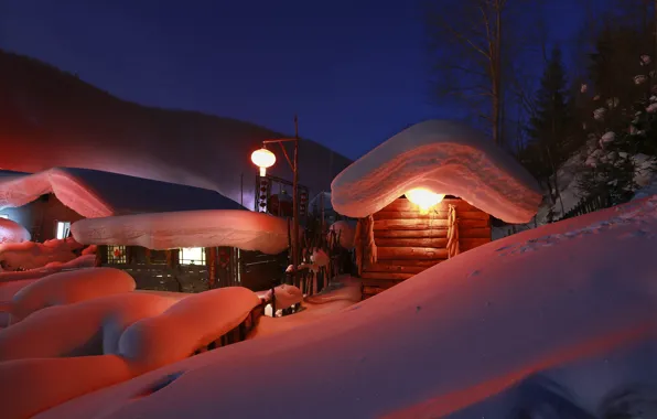 Winter, snow, landscape, nature, home, the evening, village, lighting