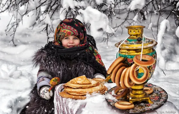 Winter, snow, girl, samovar, pancakes, drying, Carnival