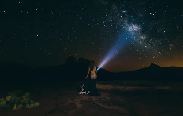 Girl, stars, ray, figure, flashlight, Nude, the milky way