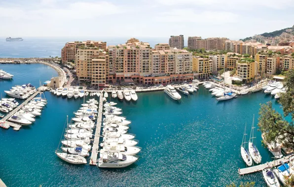 Trees, the ocean, pier, apartments, Monaco