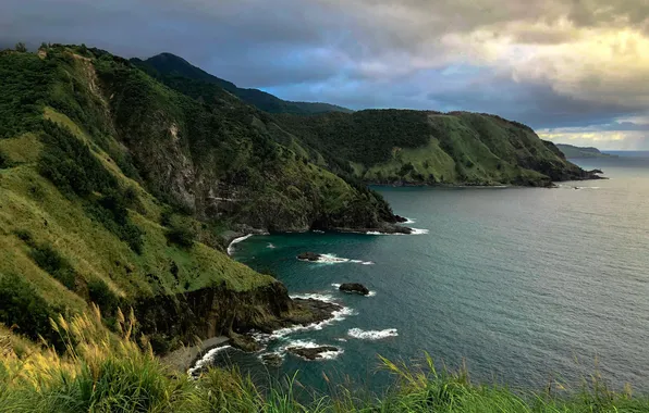 Sea, grass, clouds, mountains, rocks, shore, the slopes, surf