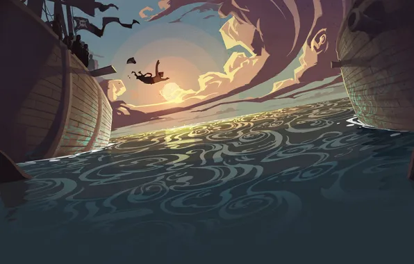 The ocean, jump, figure, ship, pirate, sharks, steam