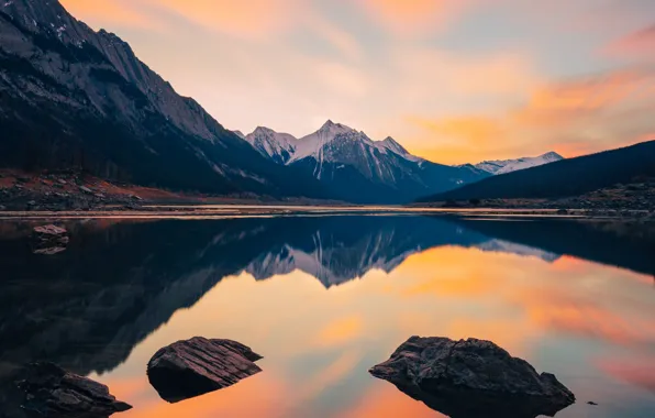 Picture the sky, clouds, snow, sunset, mountains, nature, lake, stones