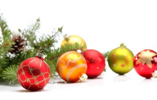 Winter, balls, branches, toys, spruce, New Year, green, Christmas