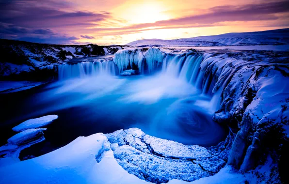 Ice, winter, clouds, snow, mountains, river, waterfall, the evening