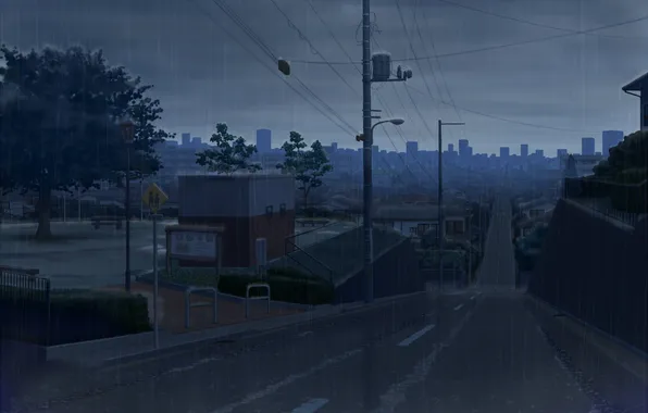The sky, night, the city, rain, home, anime, signs, art