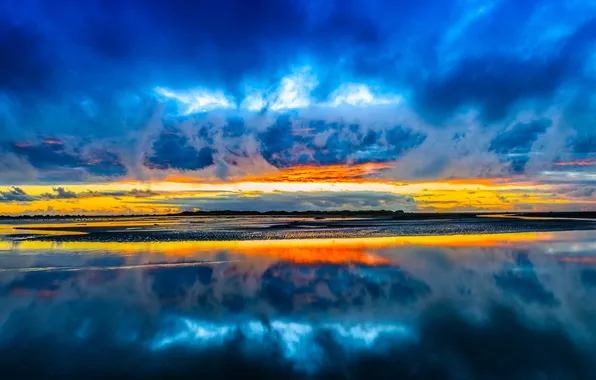 The sky, clouds, clouds, lake, reflection, glow