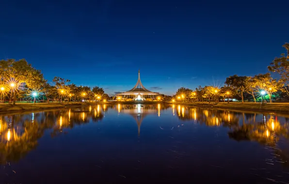 The sky, water, trees, night, lights, pond, Park, reflection
