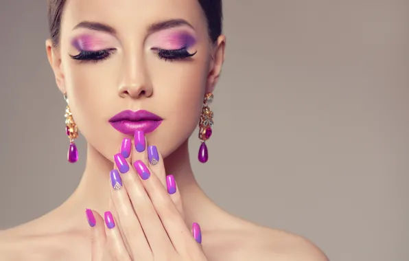 Girl, face, eyelashes, hands, makeup, lipstick, lips, earrings