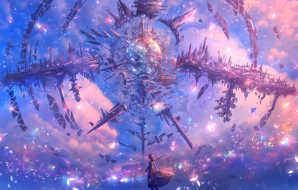 The sky, girl, rays, the city, fantasy, sphere