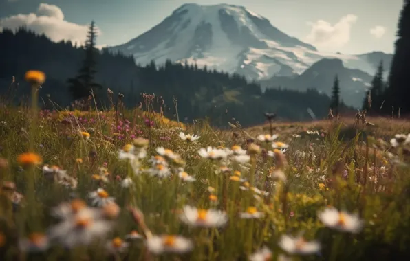 Field, forest, snow, landscape, flowers, mountains, nature, the slopes