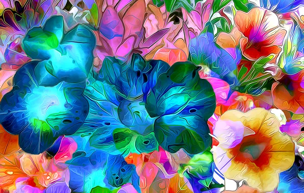 Line, flowers, rendering, paint, petals
