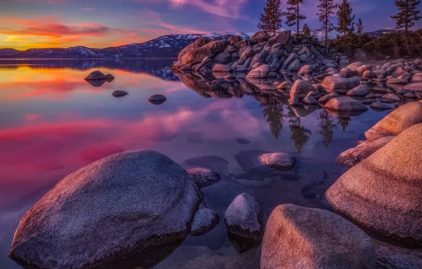 Trees, sunset, mountains, lake, stones, pine, Nevada, Nevada