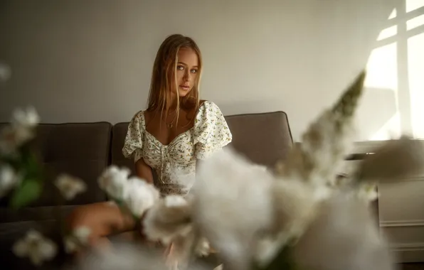 Picture look, girl, flowers, sofa, dress, blonde, Maxim Gontarev