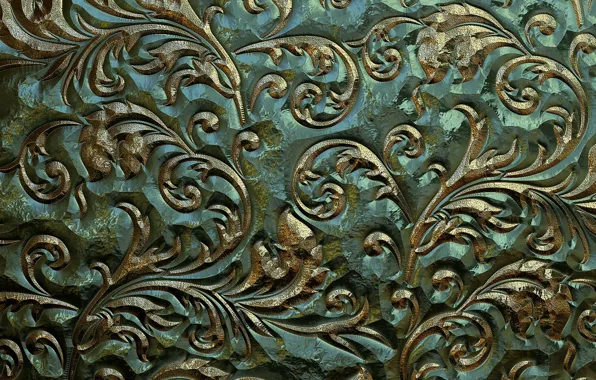 Leaves, metal, pattern, Shine, texture, gold plated, ornament, green background