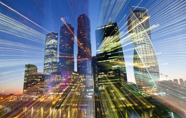 Lights, river, building, home, skyscrapers, the evening, Moscow, Russia