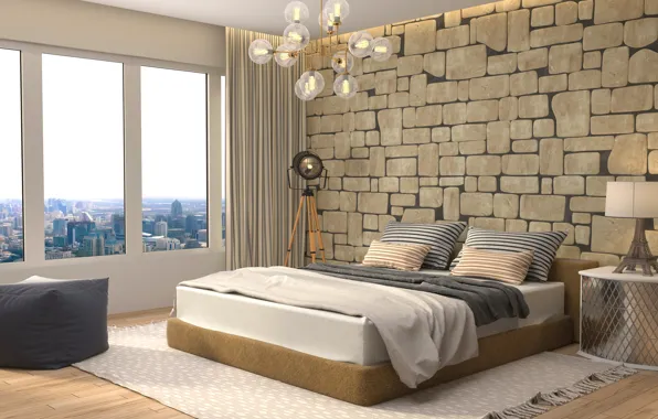 Design, lamp, bed, interior, window, chandelier, bedroom, modern