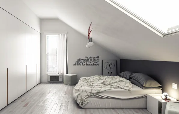 Design, interior, mansarda, attic bedroom