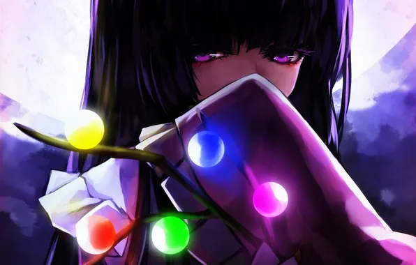 Girl, balls, night, branches, the moon, art, touhou, Mister Rhino