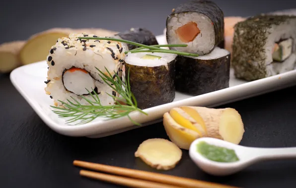 Greens, sticks, dill, rolls, sushi, sushi, rolls, Japanese cuisine