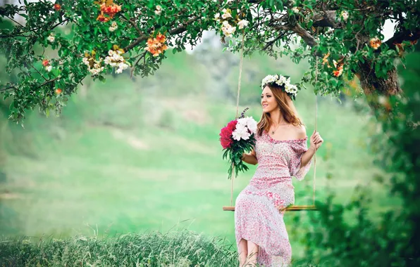 Picture GIRL, LOOK, NATURE, TREE, GRASS, GREENS, DRESS, FLOWERS