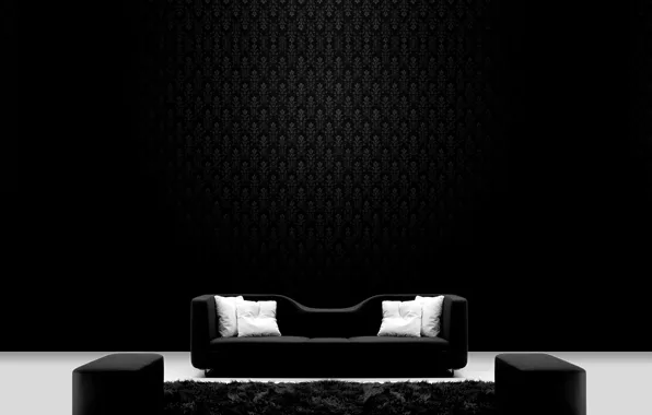 Picture sofa, Wallpaper, black and white, carpet, pillow, Ottoman