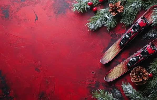 Winter, frost, branches, berries, ski, Christmas, New year, needles