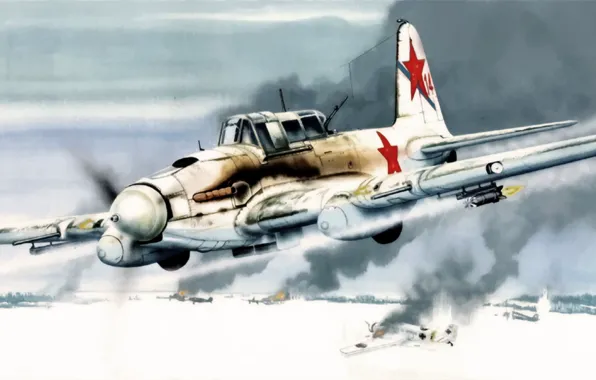Aircraft, war, art, airplane, painting, ww2, Ilyushin Il-2, IL-2 Sturmovik