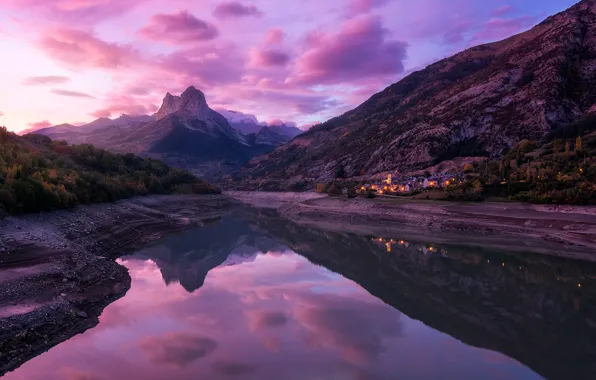 Forest, clouds, mountains, lights, lake, reflection, lilac, shore