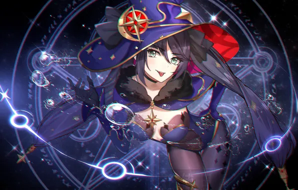 Picture magic, Mona, shows language, girl, Genshin Impact, drops