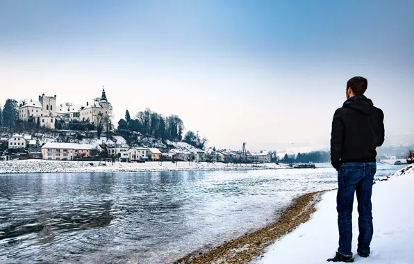 Winter, snow, man, castle, Austria, looking, Upper Austria, Ottensheim