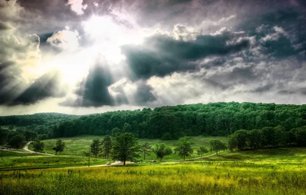 Clouds, trees, Field