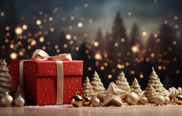 Balls, lights, box, gift, Shine, Christmas, gifts, New year
