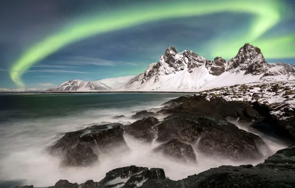 Picture sea, mountains, night, Northern lights, North