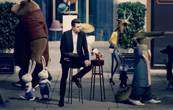 Cinema, bear, hat, rabbit, man, boy, movie, animal