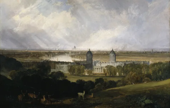 Animals, trees, landscape, Park, castle, picture, William Turner, London from Greenwich Park
