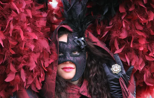 Wallpaper feathers, girl, Venice, mask, carnival, costume