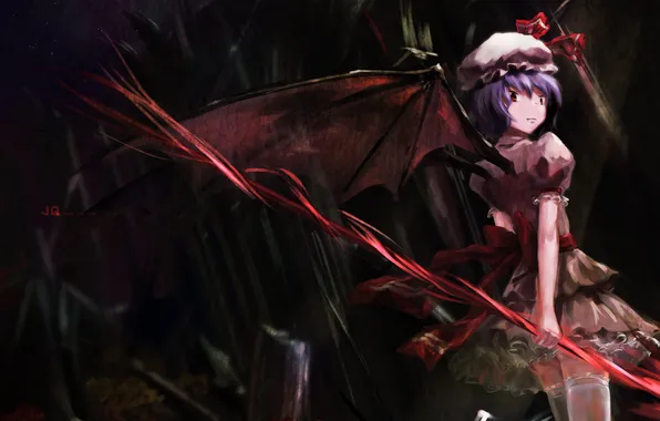 Picture girl, wings, the demon, art, bow, cap, touhou, remilia scarlet