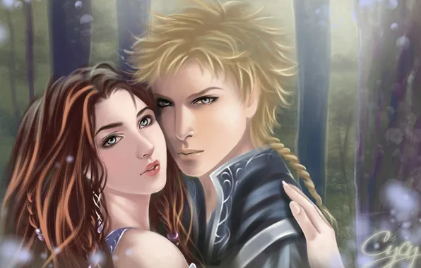 Forest, girl, art, hugs, pair, braids, guy