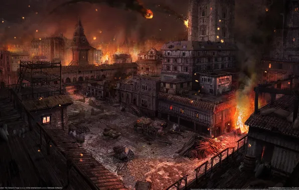 The city, lights, fire, Hunted, The Demon`s Forge