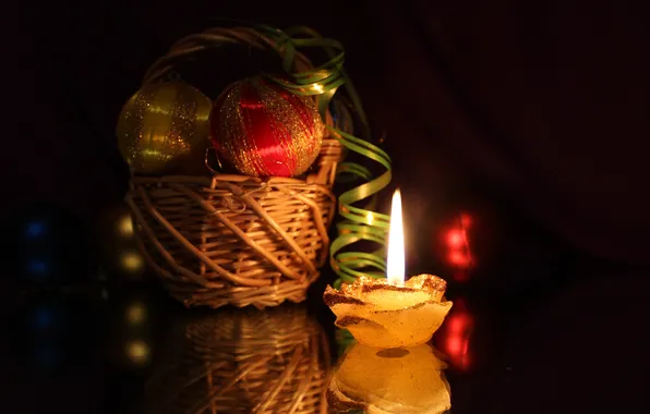 Light, reflection, balls, basket, toys, candle, tape
