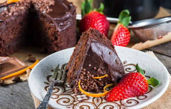 Picture berries, strawberry, plate, cake, dessert, chocolate, a piece of cake, cream chocolate