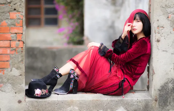 Picture look, girl, hat, dress, Asian