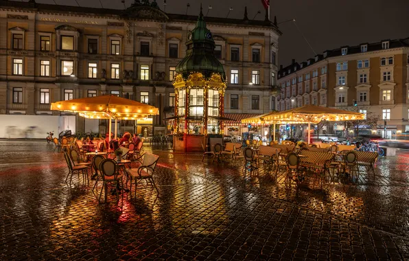 Picture night, the city, lights, street, Denmark, cafe, illumination, Copenhagen