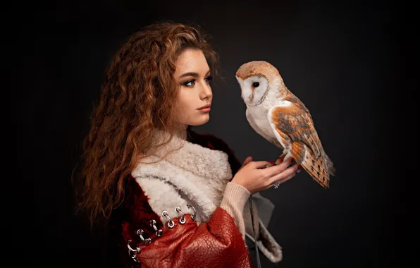 Picture girl, owl, bird, portrait, makeup, curls, the barn owl, the dark background
