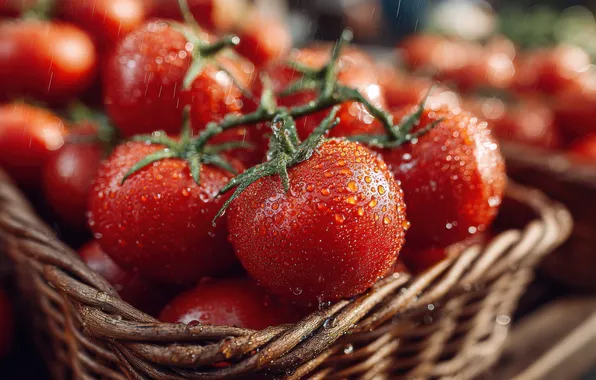 Drops, harvest, basket, vegetables, tomatoes, tomatoes, fresh, AI art
