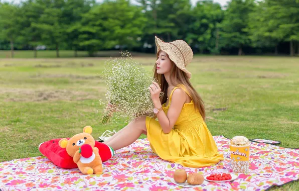 Picture girl, bouquet, Asian, picnic, lawn, dress